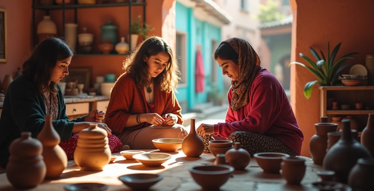 Jeunes femmes en EVJF participant à un atelier de poterie dans la médina de Marrakech