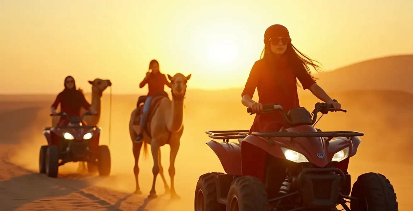 Groupe de femmes en EVJF en quad et à dos de dromadaire dans le désert d'Agafay avec coucher de soleil