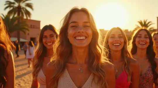 Groupe de jeunes femmes célébrant un EVJF à Marrakech dans un cadre ensoleillé mêlant désert, palmiers et architecture traditionnelle marocaine