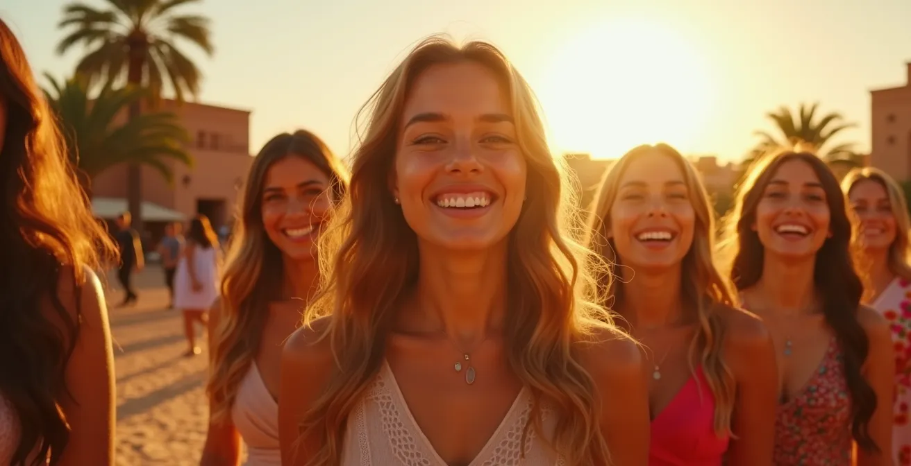 Groupe de jeunes femmes célébrant un EVJF à Marrakech dans un cadre ensoleillé mêlant désert, palmiers et architecture traditionnelle marocaine